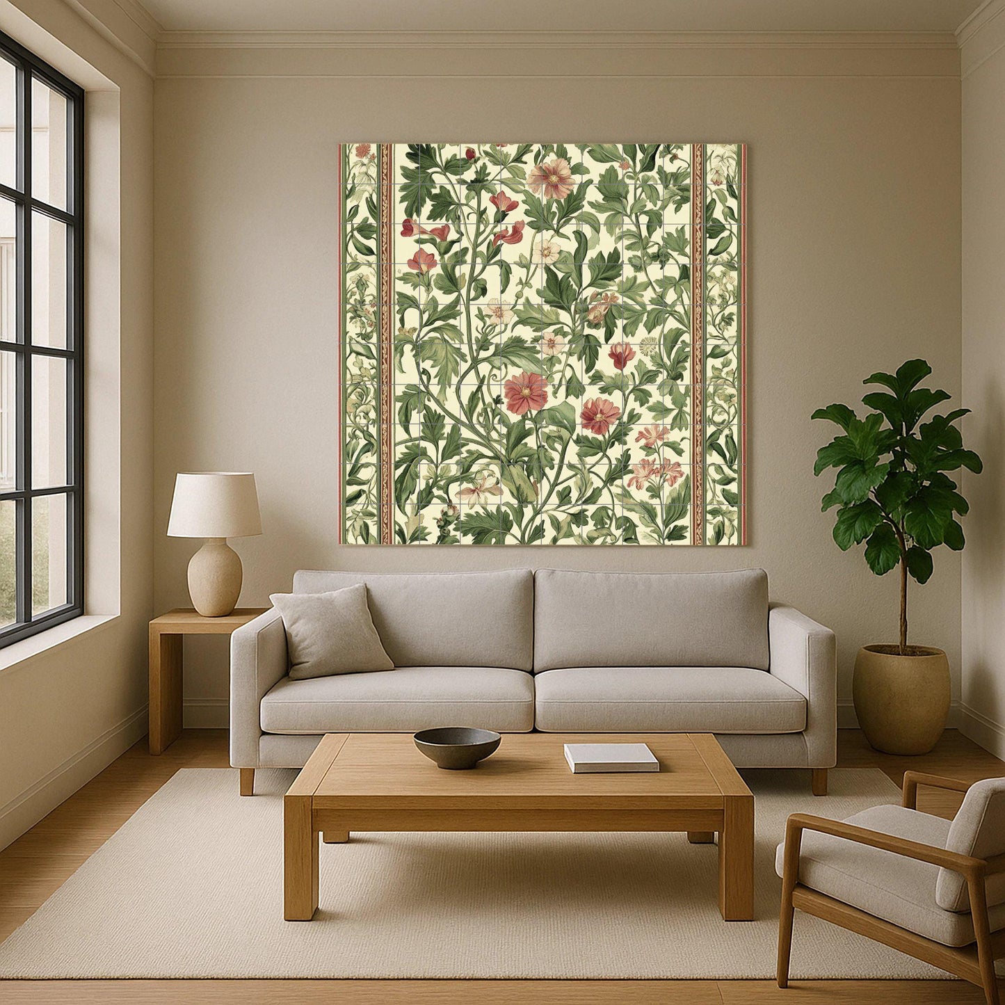 Arts and Crafts ceramic mural: floral tile artwork inspired by William Morris with green foliage, red flowers and classic, elegant decoration.