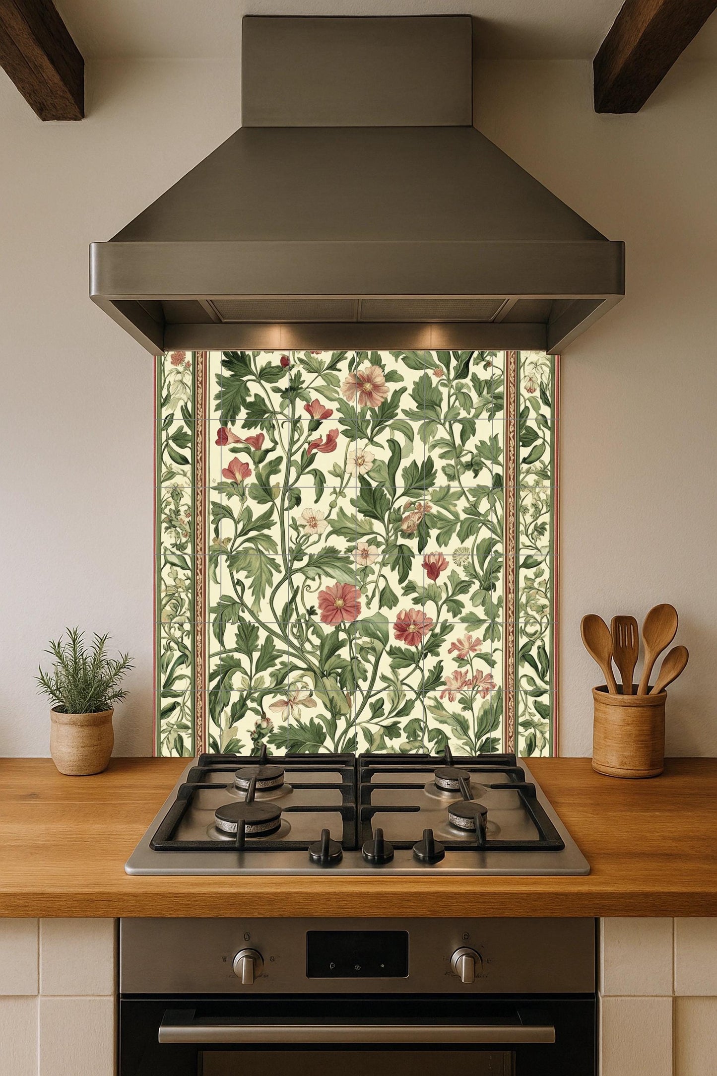 Arts and Crafts ceramic mural: floral tile artwork inspired by William Morris with green foliage, red flowers and classic, elegant decoration.