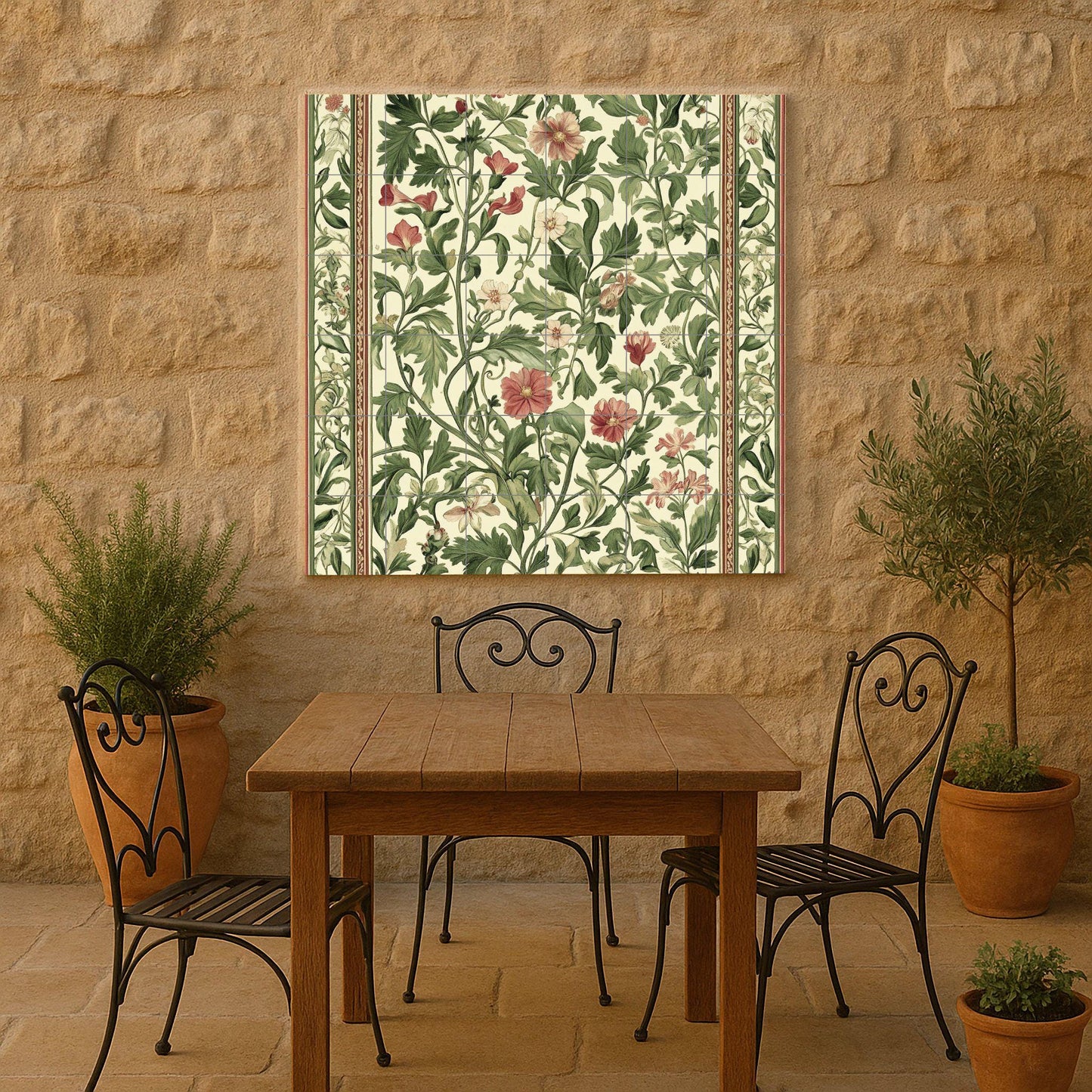 Arts and Crafts ceramic mural: floral tile artwork inspired by William Morris with green foliage, red flowers and classic, elegant decoration.