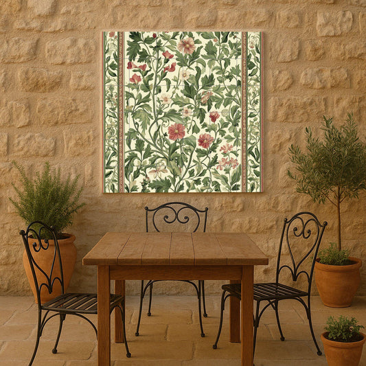 Arts and Crafts ceramic mural: floral tile artwork inspired by William Morris with green foliage, red flowers and classic, elegant decoration.