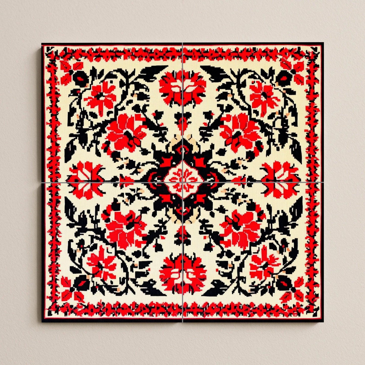 Bulgarian folk ceramic mural: symmetrical floral motifs in red and black with traditional geometric elegance, decorative tile wall art.