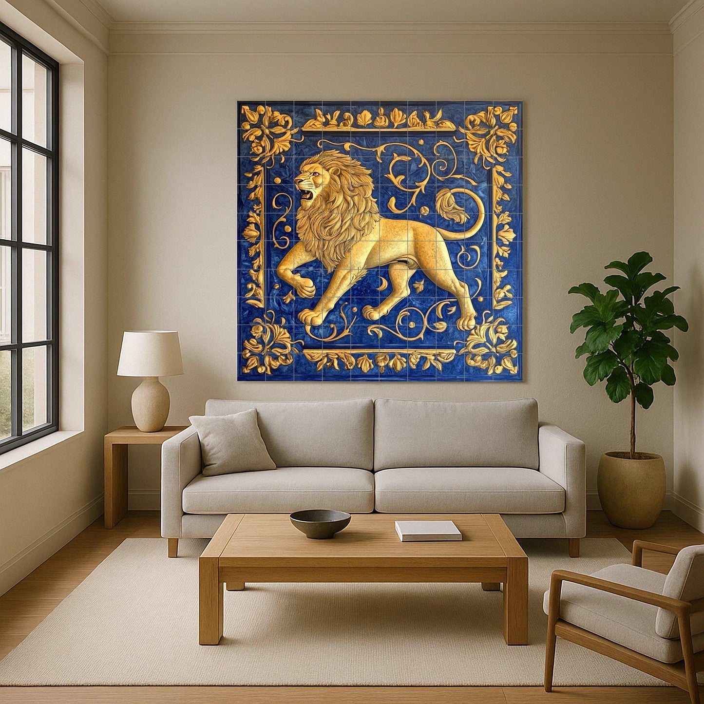 Golden Lion Ceramic Mural: majestic heraldic artwork with ornamental scrolls, majestic animal symbol and deep blue decorative panel.