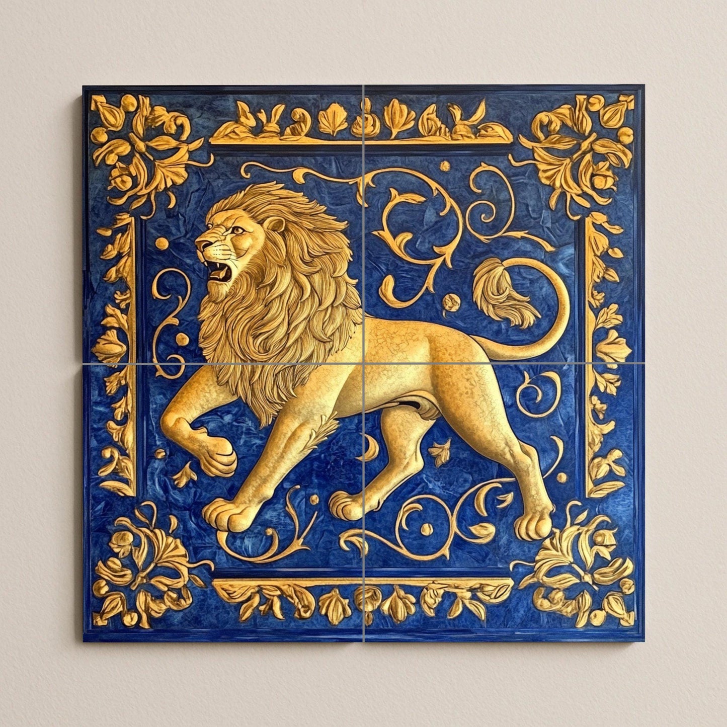 Golden Lion Ceramic Mural: majestic heraldic artwork with ornamental scrolls, majestic animal symbol and deep blue decorative panel.