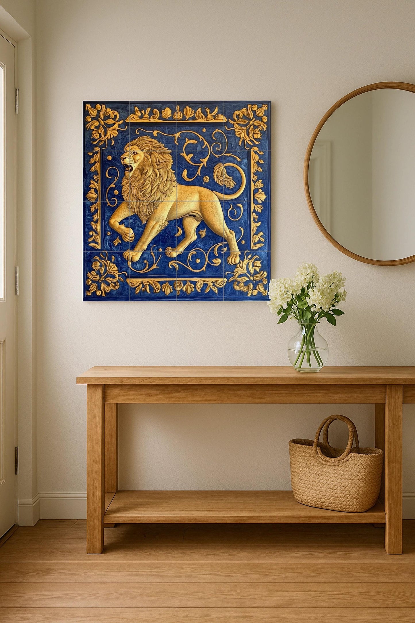 Golden Lion Ceramic Mural: majestic heraldic artwork with ornamental scrolls, majestic animal symbol and deep blue decorative panel.