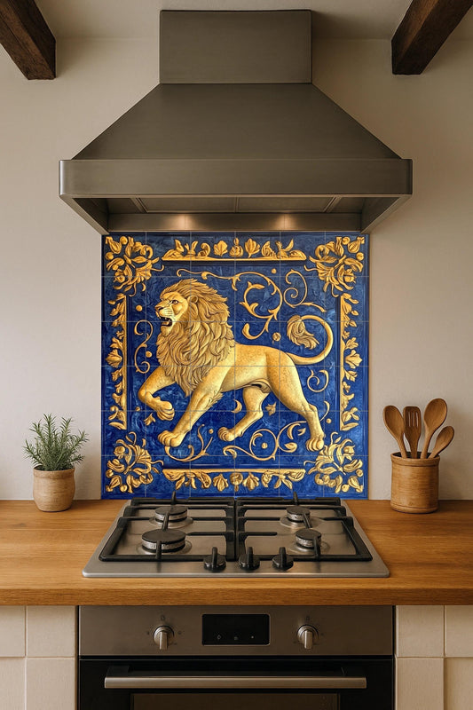 Golden Lion Ceramic Mural: majestic heraldic artwork with ornamental scrolls, majestic animal symbol and deep blue decorative panel.
