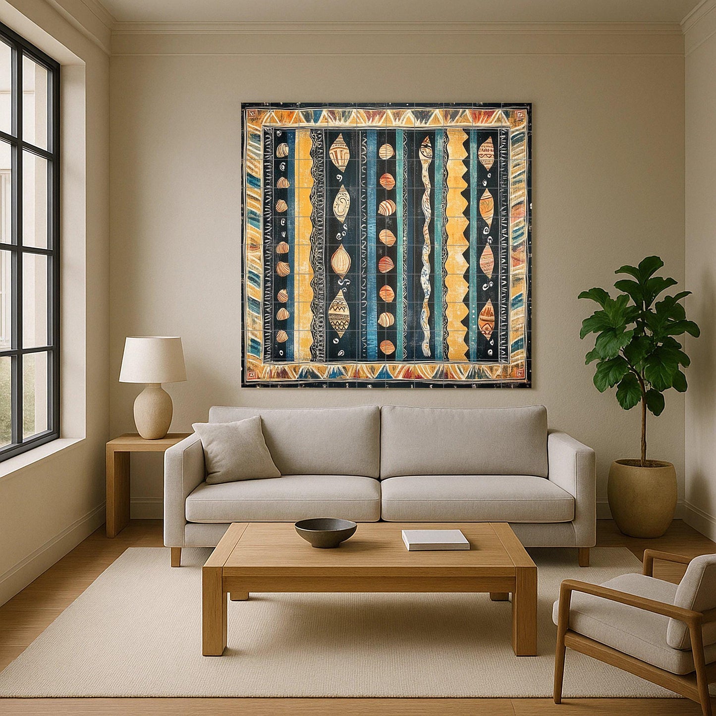 Cape Verde ceramic mural: Textile design inspired by the ocean with shell motifs, tribal wave border and decorative Atlantic tiles.