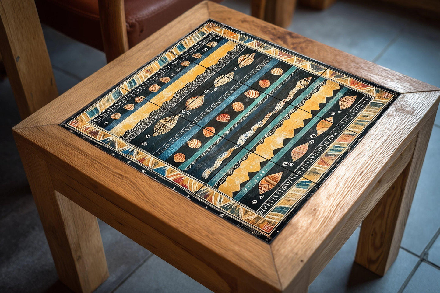 Cape Verde ceramic mural: Textile design inspired by the ocean with shell motifs, tribal wave border and decorative Atlantic tiles.