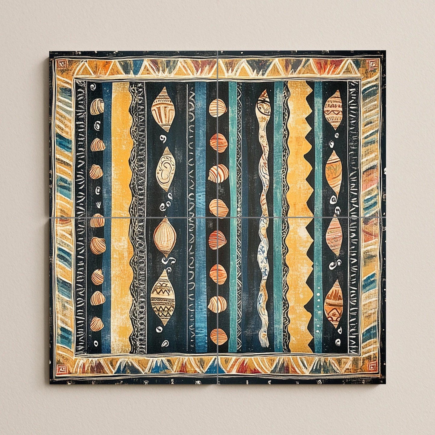 Cape Verde ceramic mural: Textile design inspired by the ocean with shell motifs, tribal wave border and decorative Atlantic tiles.