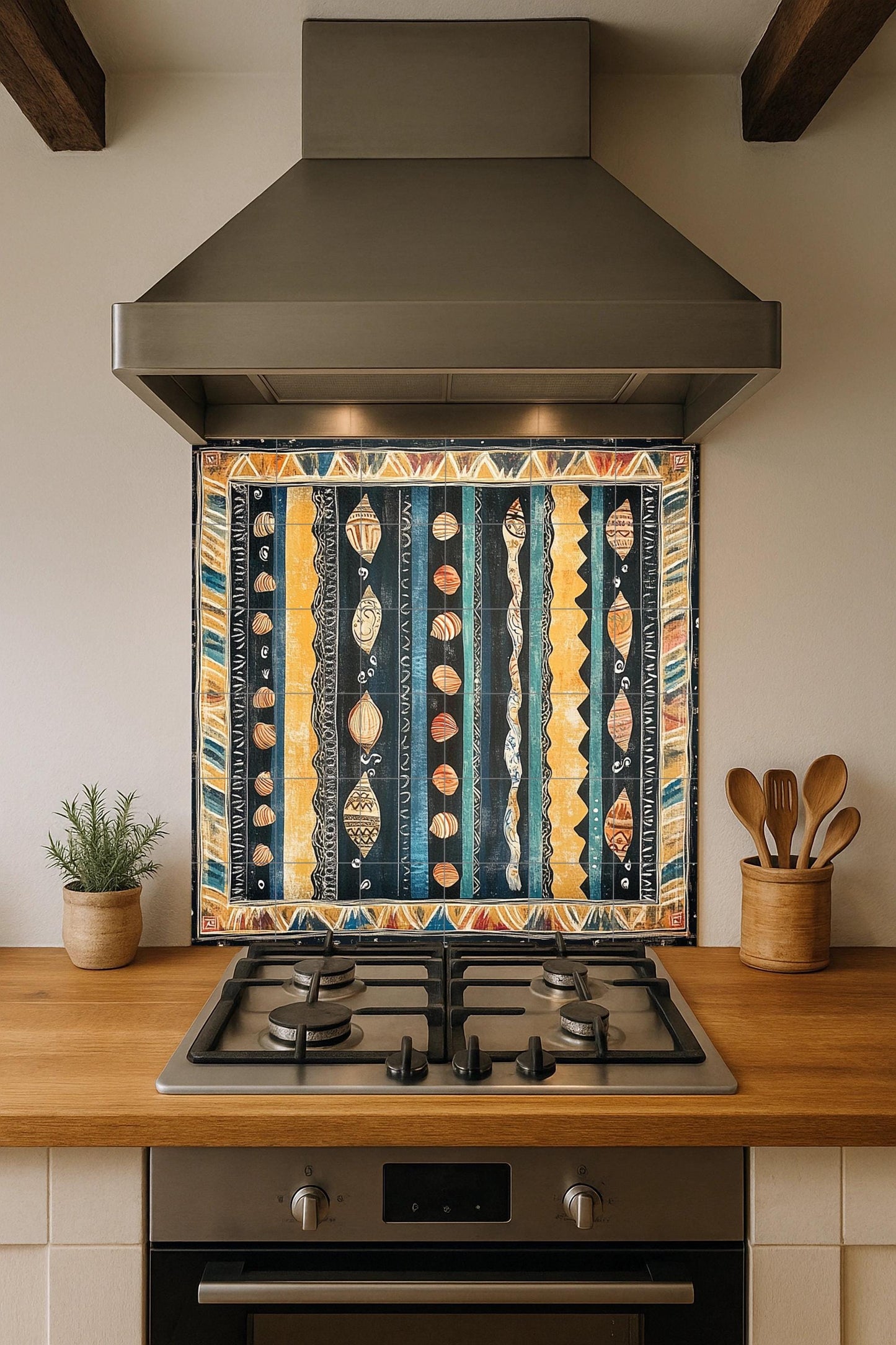 Cape Verde ceramic mural: Textile design inspired by the ocean with shell motifs, tribal wave border and decorative Atlantic tiles.