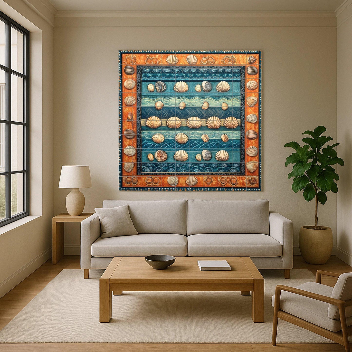 Ceramic mural of seashells: artwork inspired by the coastal ocean with blue wave stripes, nautical shell motifs and a warm terracotta border.