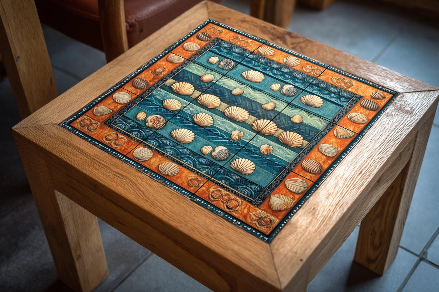 Ceramic mural of seashells: artwork inspired by the coastal ocean with blue wave stripes, nautical shell motifs and a warm terracotta border.