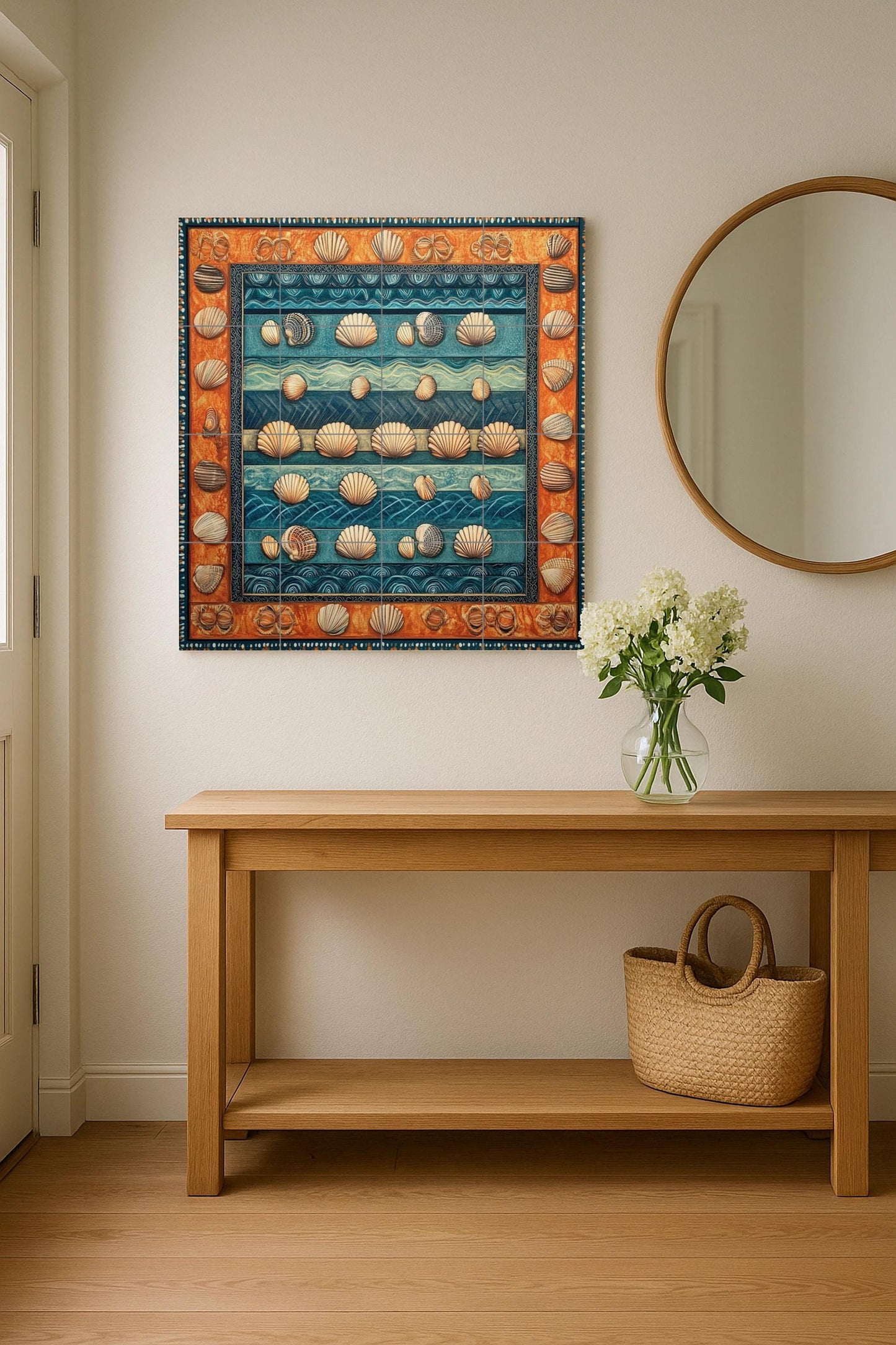 Ceramic mural of seashells: artwork inspired by the coastal ocean with blue wave stripes, nautical shell motifs and a warm terracotta border.