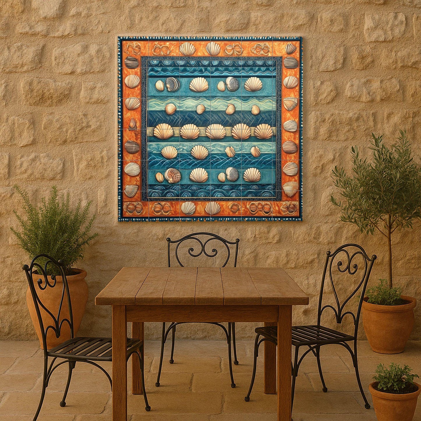 Ceramic mural of seashells: artwork inspired by the coastal ocean with blue wave stripes, nautical shell motifs and a warm terracotta border.