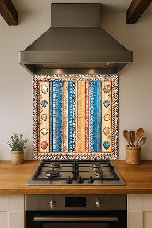 Ceramic mural of beach shells: coastal artwork with ocean blue stripes, sand tones, shell motifs and nautical decorative panel.