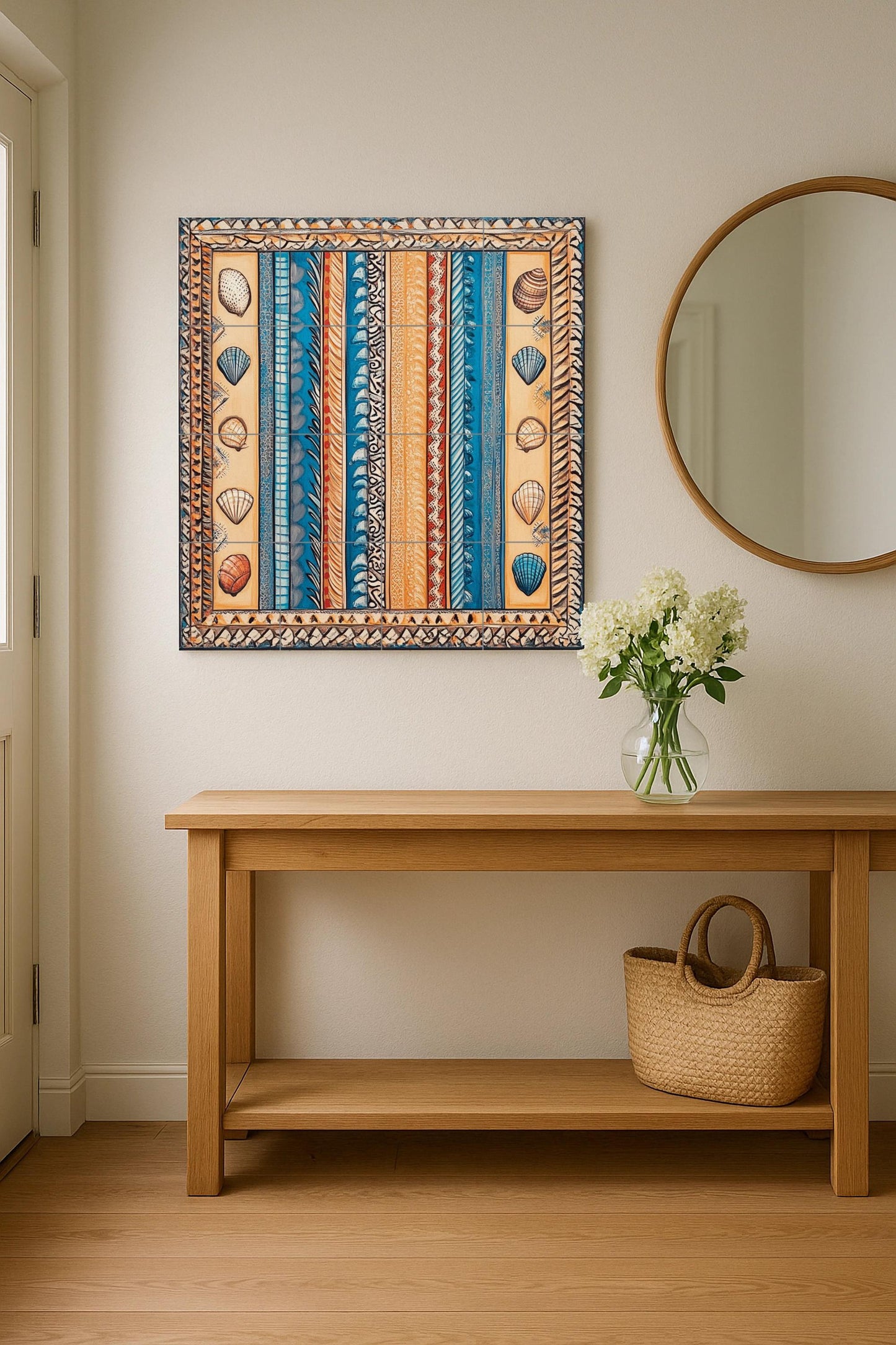 Ceramic mural of beach shells: coastal artwork with ocean blue stripes, sand tones, shell motifs and nautical decorative panel.