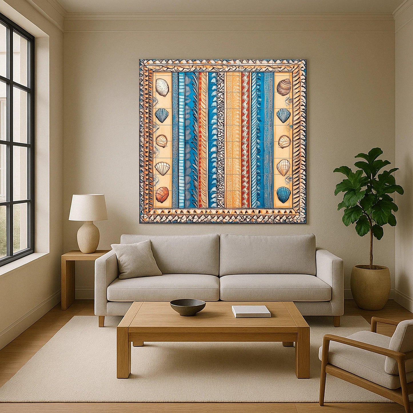 Ceramic mural of beach shells: coastal artwork with ocean blue stripes, sand tones, shell motifs and nautical decorative panel.