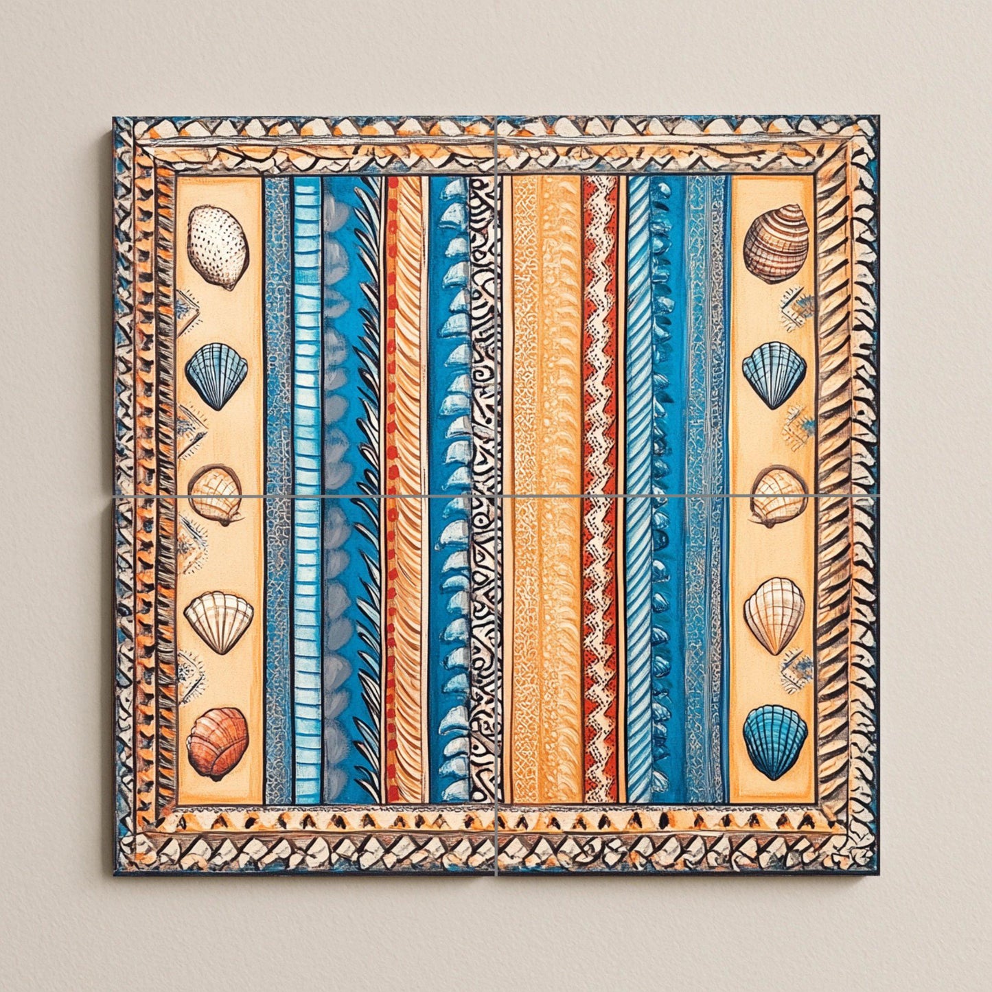 Ceramic mural of beach shells: coastal artwork with ocean blue stripes, sand tones, shell motifs and nautical decorative panel.