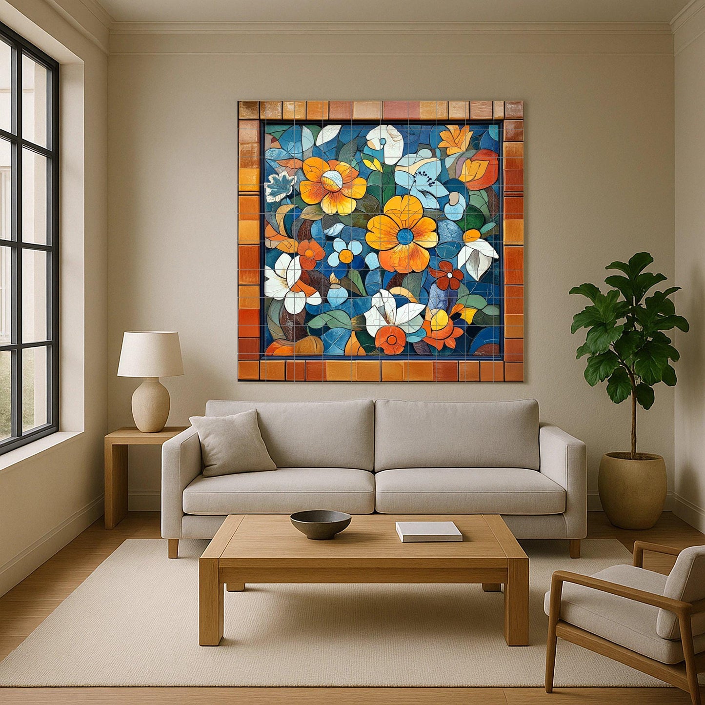 Catalan modernist ceramic mural: artwork with floral tiles inspired by Gaudí with striking colors, decorative wall panel and Mediterranean artistic motifs.