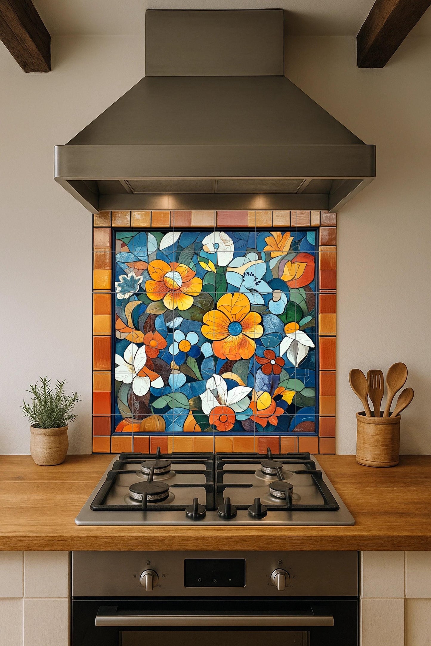 Catalan modernist ceramic mural: artwork with floral tiles inspired by Gaudí with striking colors, decorative wall panel and Mediterranean artistic motifs.