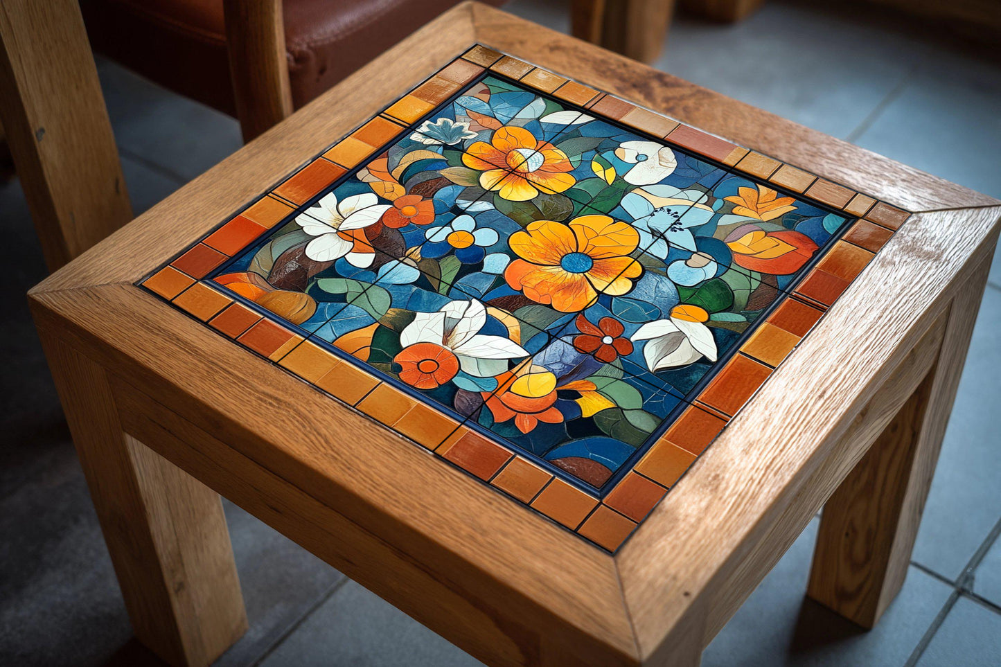 Catalan modernist ceramic mural: artwork with floral tiles inspired by Gaudí with striking colors, decorative wall panel and Mediterranean artistic motifs.