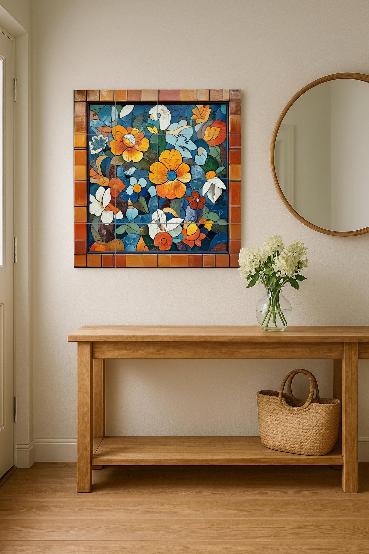 Catalan modernist ceramic mural: artwork with floral tiles inspired by Gaudí with striking colors, decorative wall panel and Mediterranean artistic motifs.
