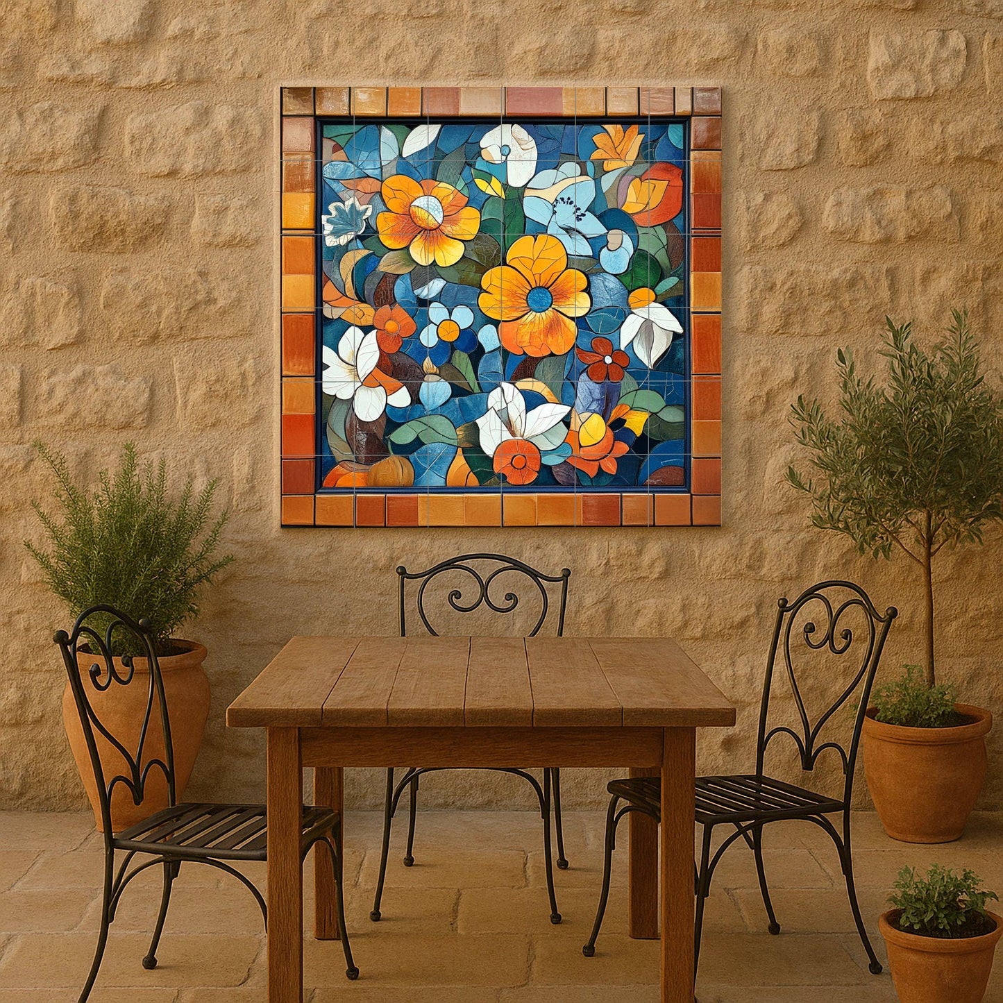 Catalan modernist ceramic mural: artwork with floral tiles inspired by Gaudí with striking colors, decorative wall panel and Mediterranean artistic motifs.