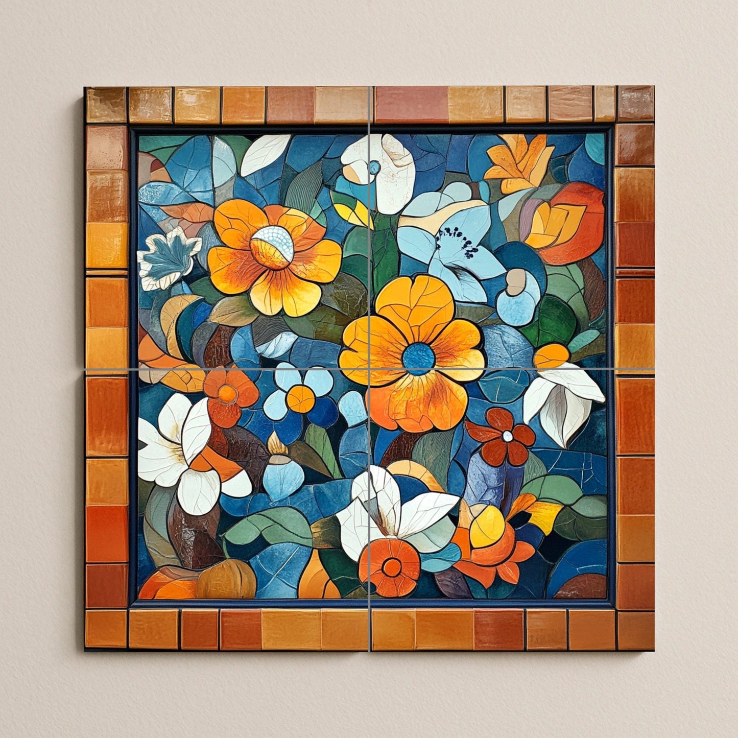 Catalan modernist ceramic mural: artwork with floral tiles inspired by Gaudí with striking colors, decorative wall panel and Mediterranean artistic motifs.