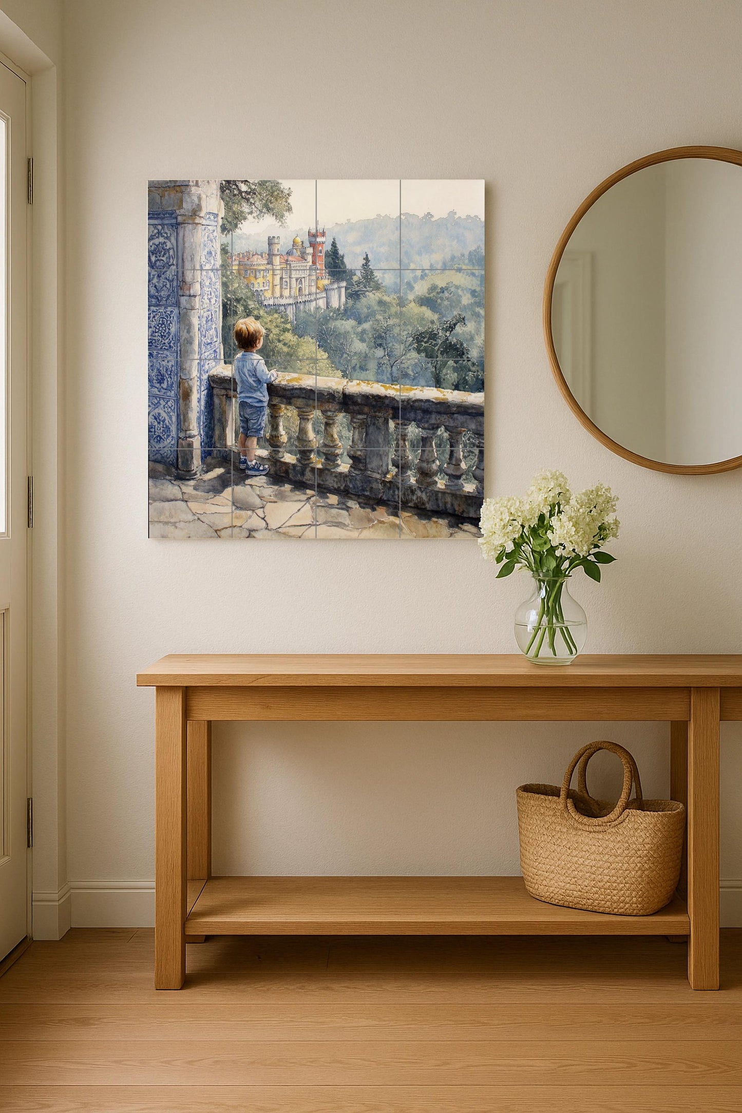 Ceramic mural of the Children's Palace: Romantic artwork with scenic tiles, balcony, blue tile column and view of the castle in a leafy forest.