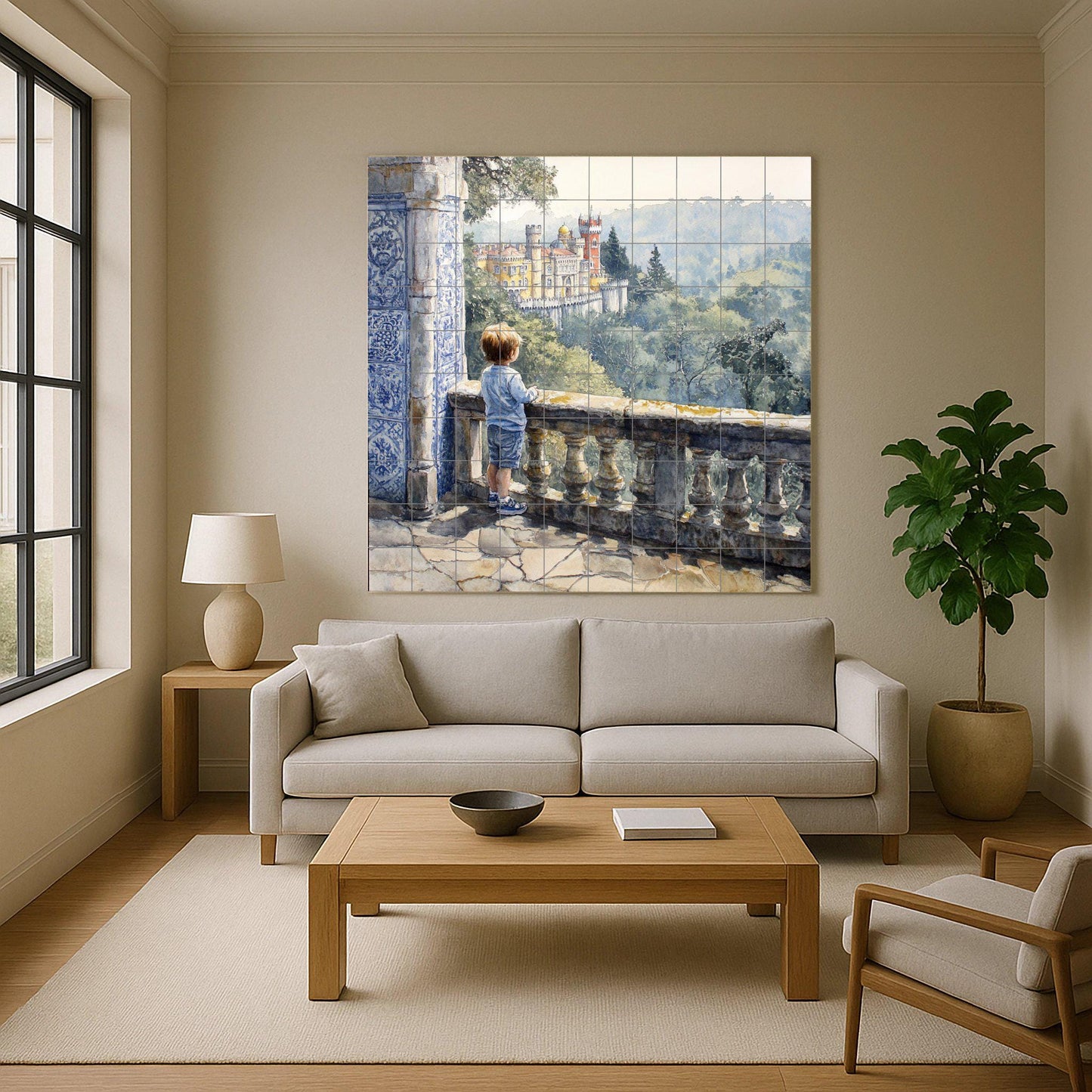 Ceramic mural of the Children's Palace: Romantic artwork with scenic tiles, balcony, blue tile column and view of the castle in a leafy forest.
