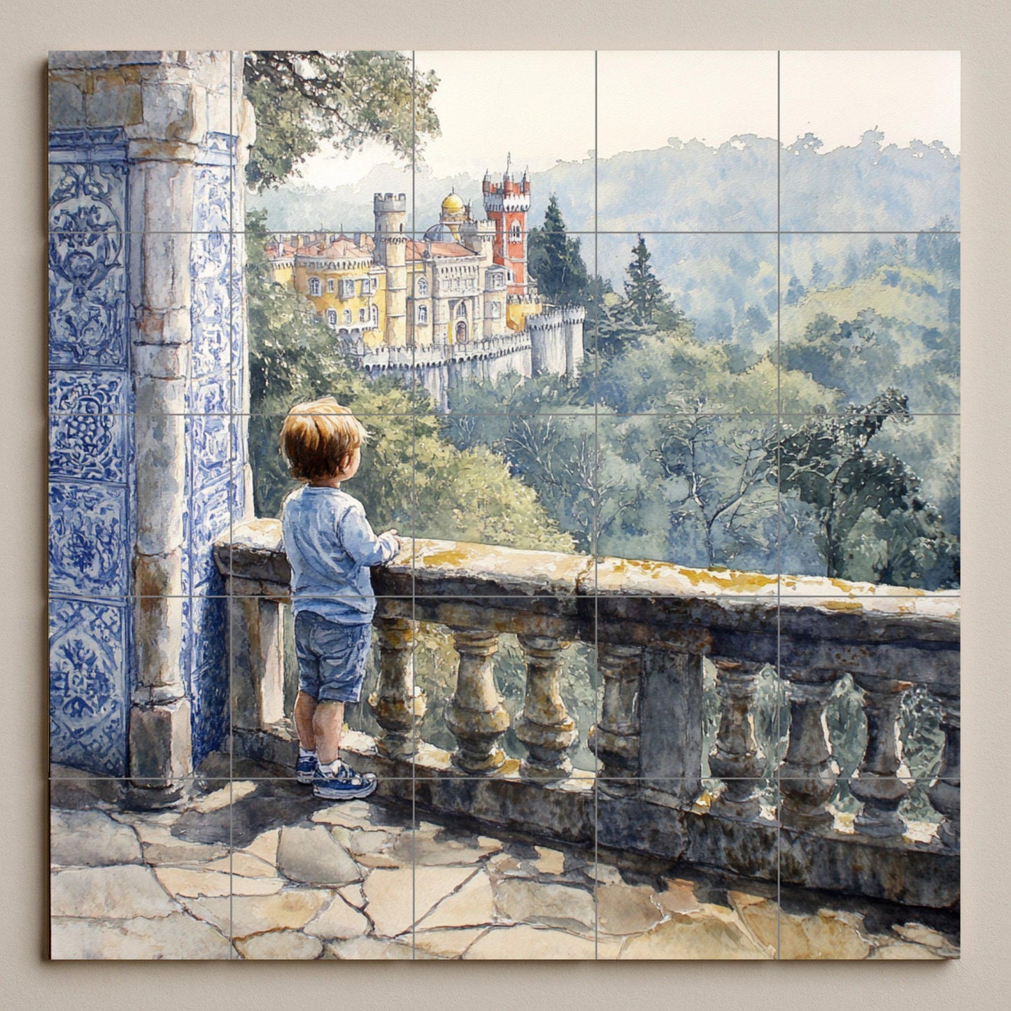Ceramic mural of the Children's Palace: Romantic artwork with scenic tiles, balcony, blue tile column and view of the castle in a leafy forest.