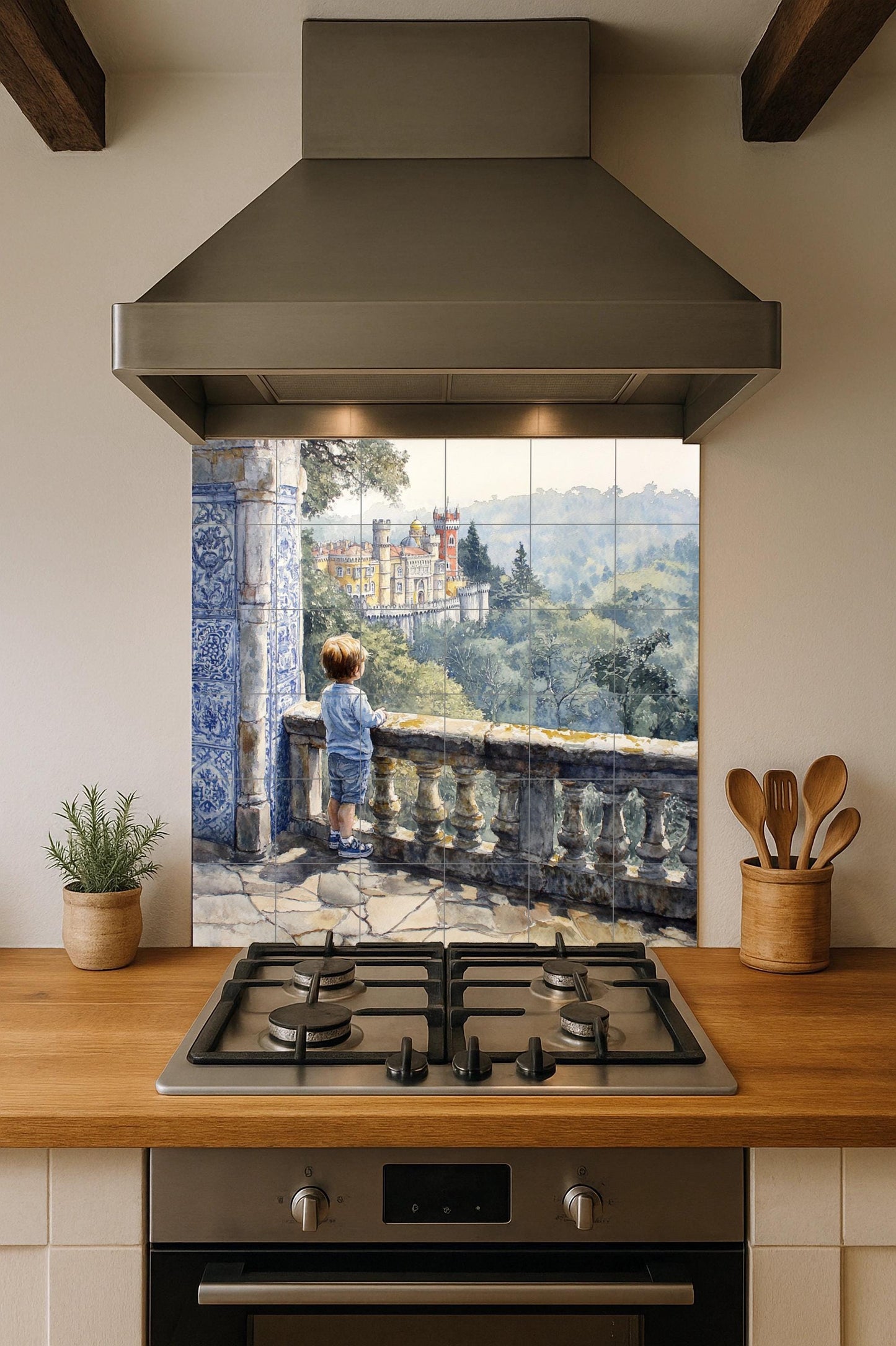 Ceramic mural of the Children's Palace: Romantic artwork with scenic tiles, balcony, blue tile column and view of the castle in a leafy forest.