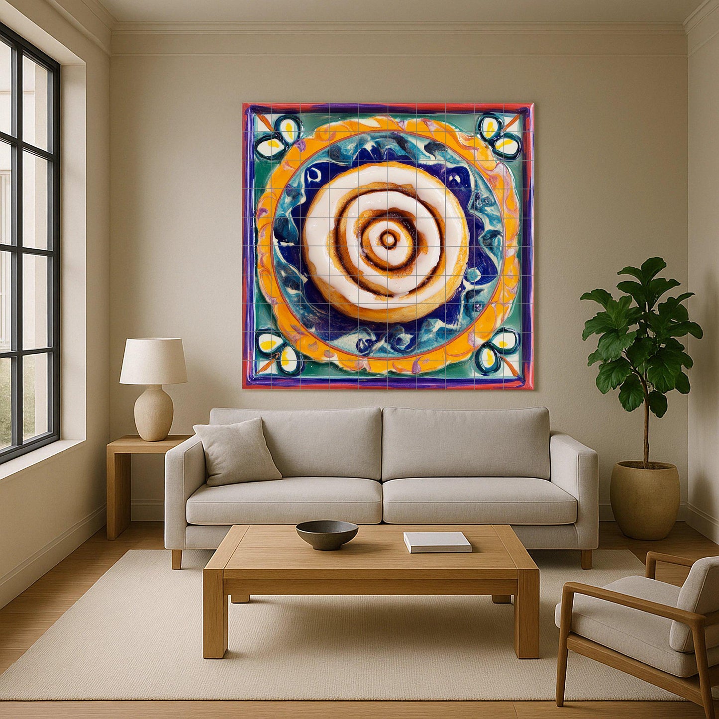 Ceramic mural of cinnamon rolls: figurative sweet pastry with swirl of icing on a vibrant Mexican-style painted plate, colorful decorative tile art.