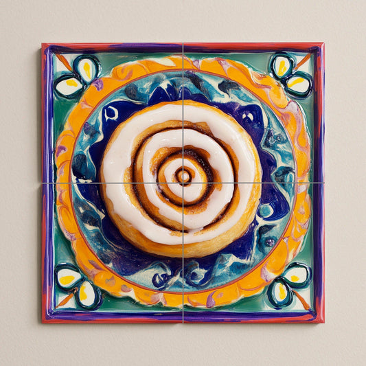 Ceramic mural of cinnamon rolls: figurative sweet pastry with swirl of icing on a vibrant Mexican-style painted plate, colorful decorative tile art.