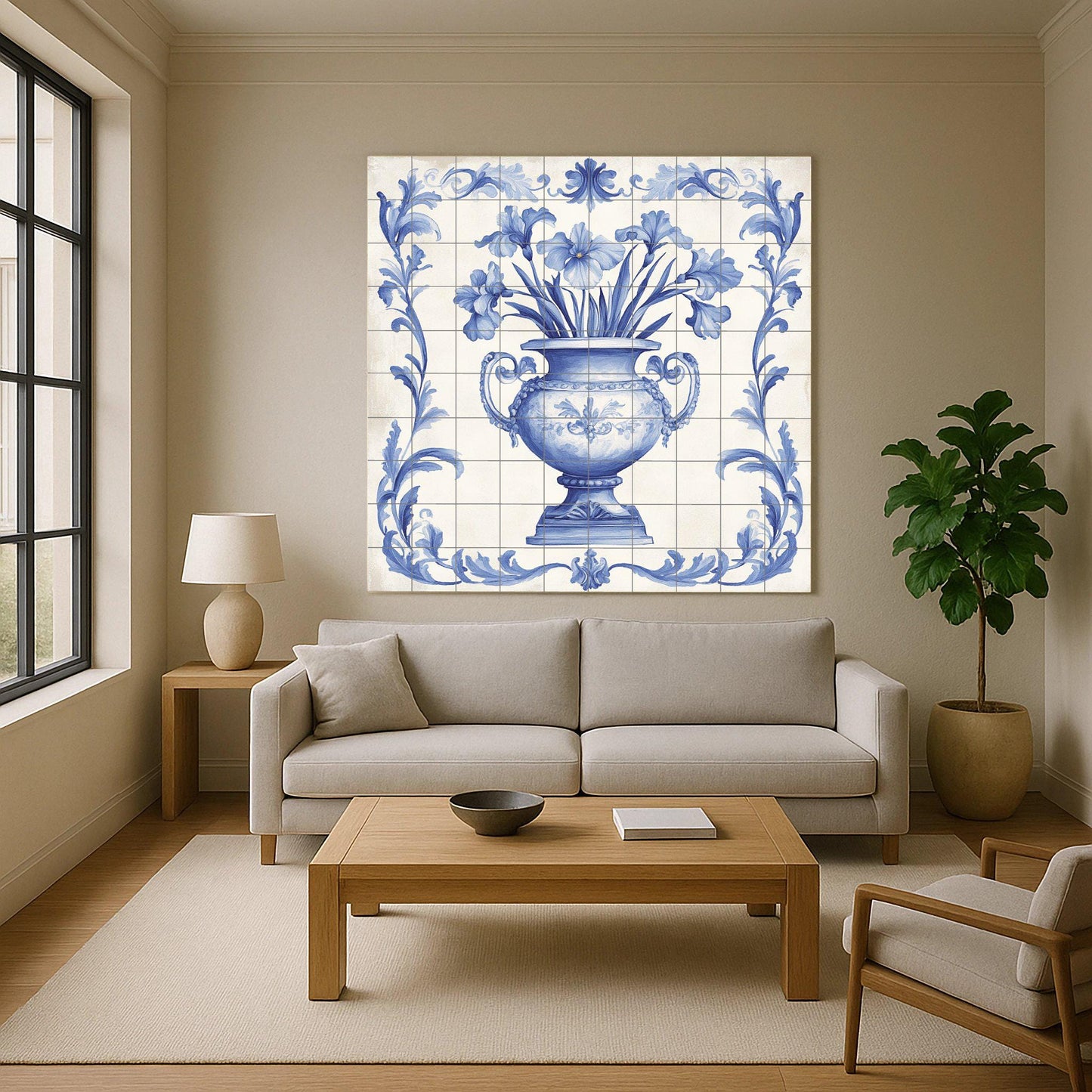 Delft Blue Ceramic Mural: Classic floral vase with ornamental scrolls, decorative artwork in indigo and white tile, timeless wall art.