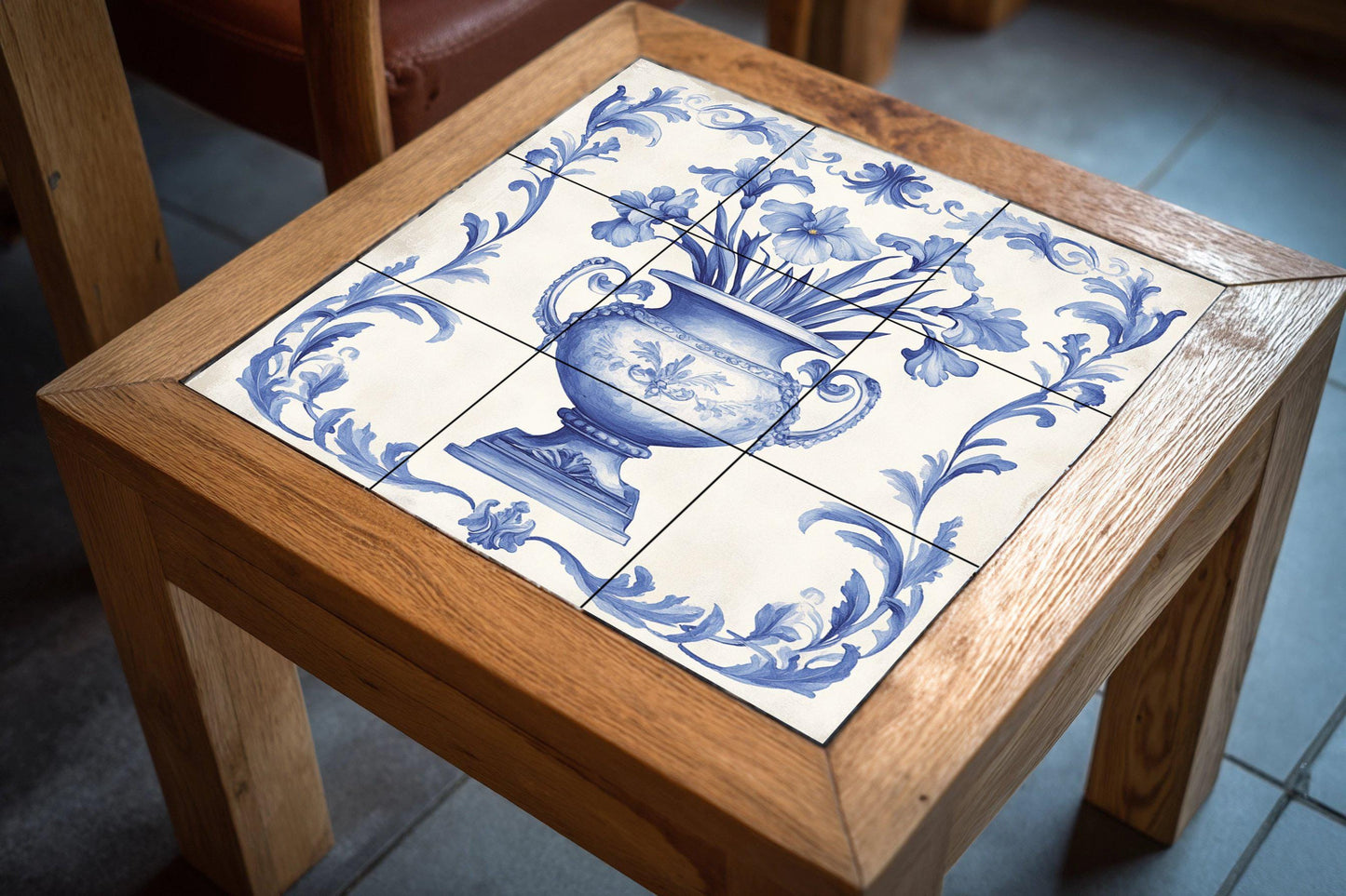 Delft Blue Ceramic Mural: Classic floral vase with ornamental scrolls, decorative artwork in indigo and white tile, timeless wall art.