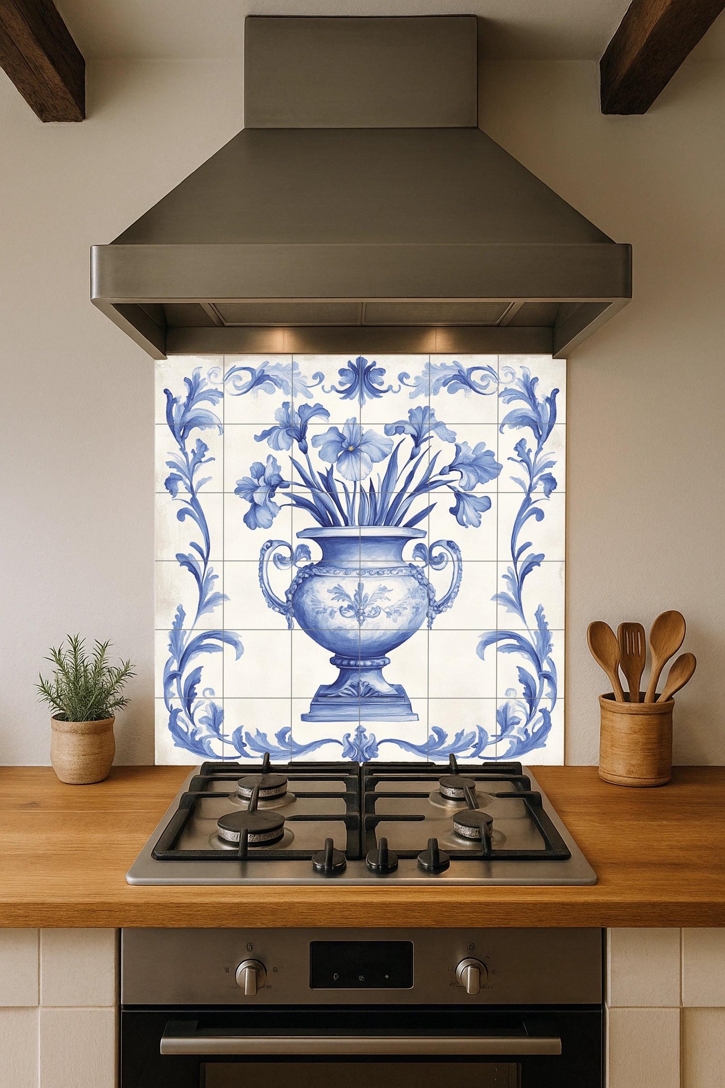 Delft Blue Ceramic Mural: Classic floral vase with ornamental scrolls, decorative artwork in indigo and white tile, timeless wall art.