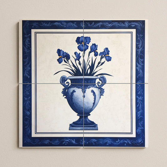 Blue Iris ceramic mural: Delft style vase with elegant bouquet of flowers, decorative tile artwork in classic indigo wall art.