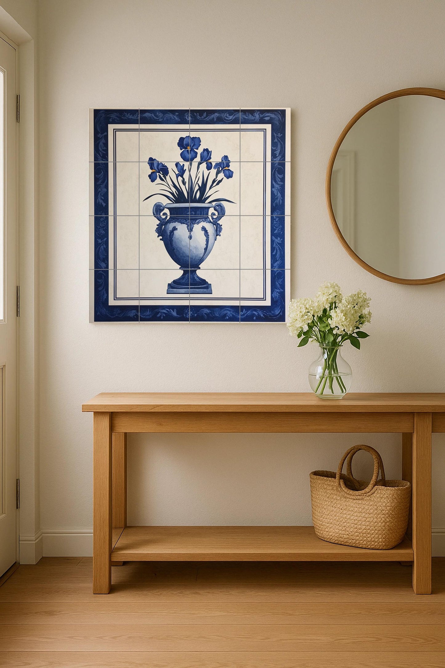 Blue Iris ceramic mural: Delft style vase with elegant bouquet of flowers, decorative tile artwork in classic indigo wall art.