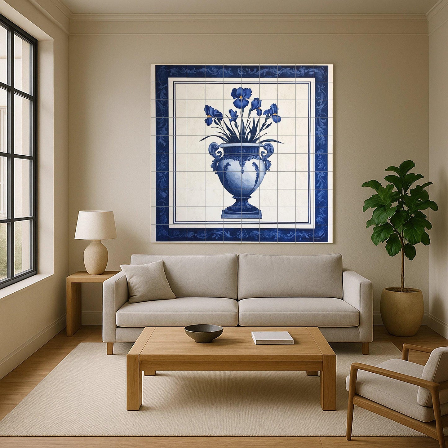 Blue Iris ceramic mural: Delft style vase with elegant bouquet of flowers, decorative tile artwork in classic indigo wall art.