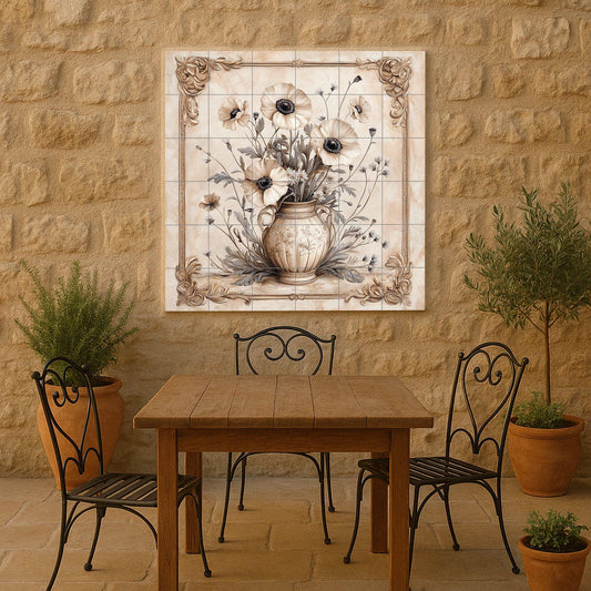 Elegant ceramic floral mural: classic beige vase with blooming flowers, artwork with ornamental baroque frame, timeless decorative wall art.