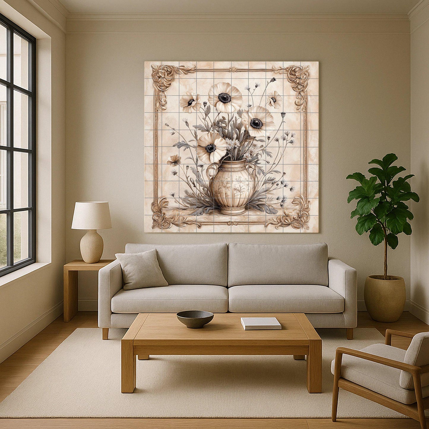 Elegant ceramic floral mural: classic beige vase with blooming flowers, artwork with ornamental baroque frame, timeless decorative wall art.