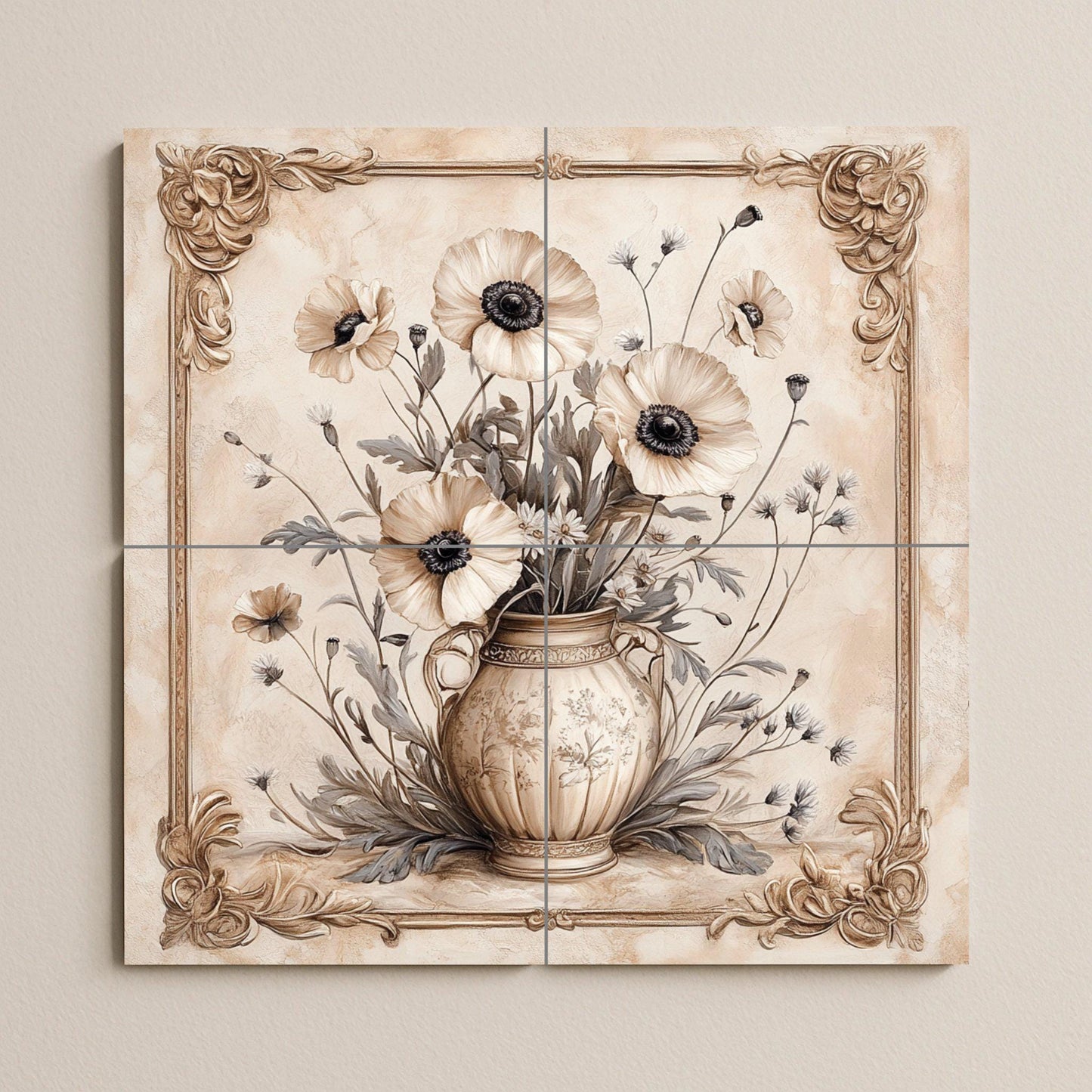 Elegant ceramic floral mural: classic beige vase with blooming flowers, artwork with ornamental baroque frame, timeless decorative wall art.