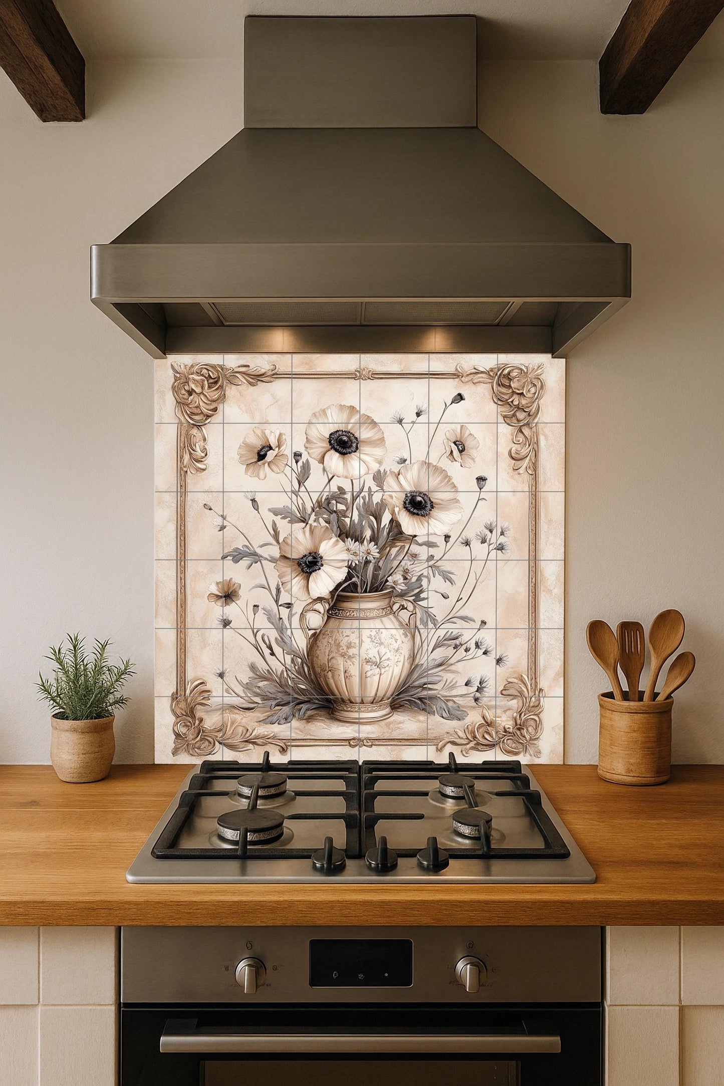 Elegant ceramic floral mural: classic beige vase with blooming flowers, artwork with ornamental baroque frame, timeless decorative wall art.