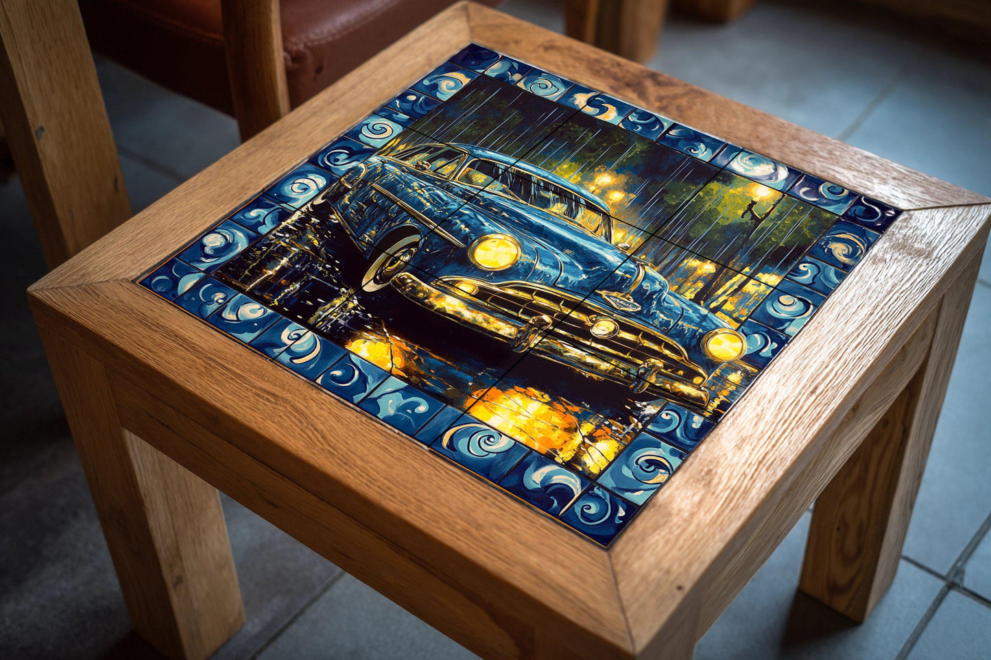 Classic car ceramic mural: vintage blue car on a rainy night with decorative border, retro artwork.