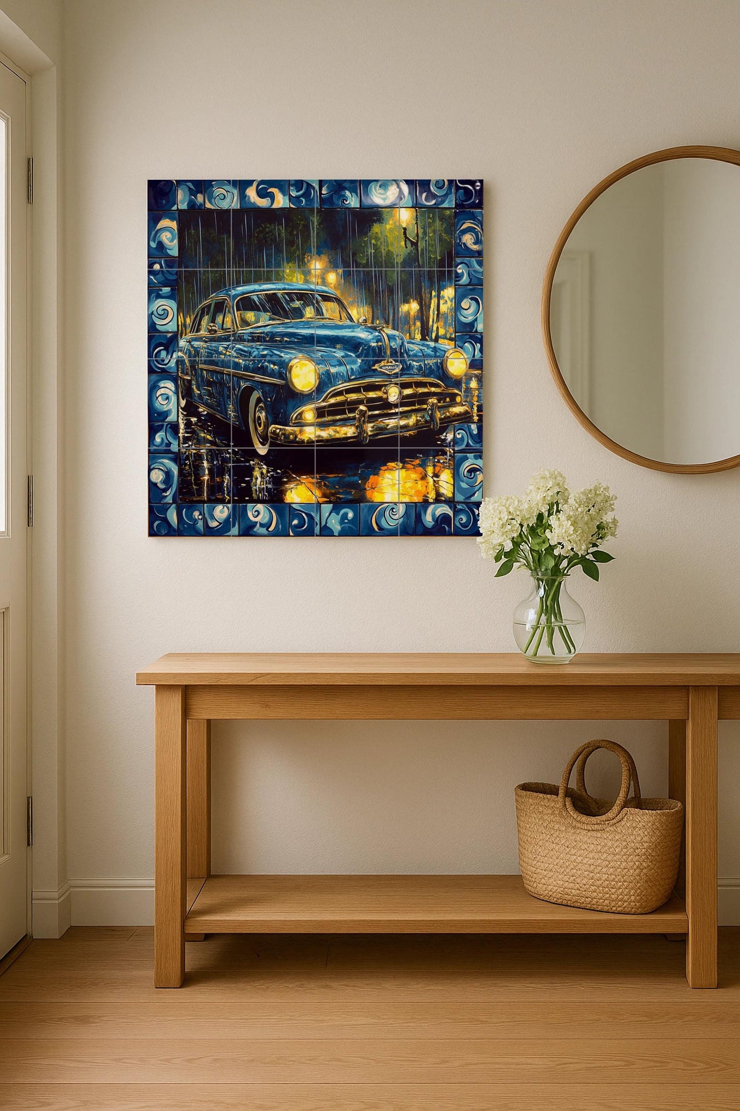 Classic car ceramic mural: vintage blue car on a rainy night with decorative border, retro artwork.