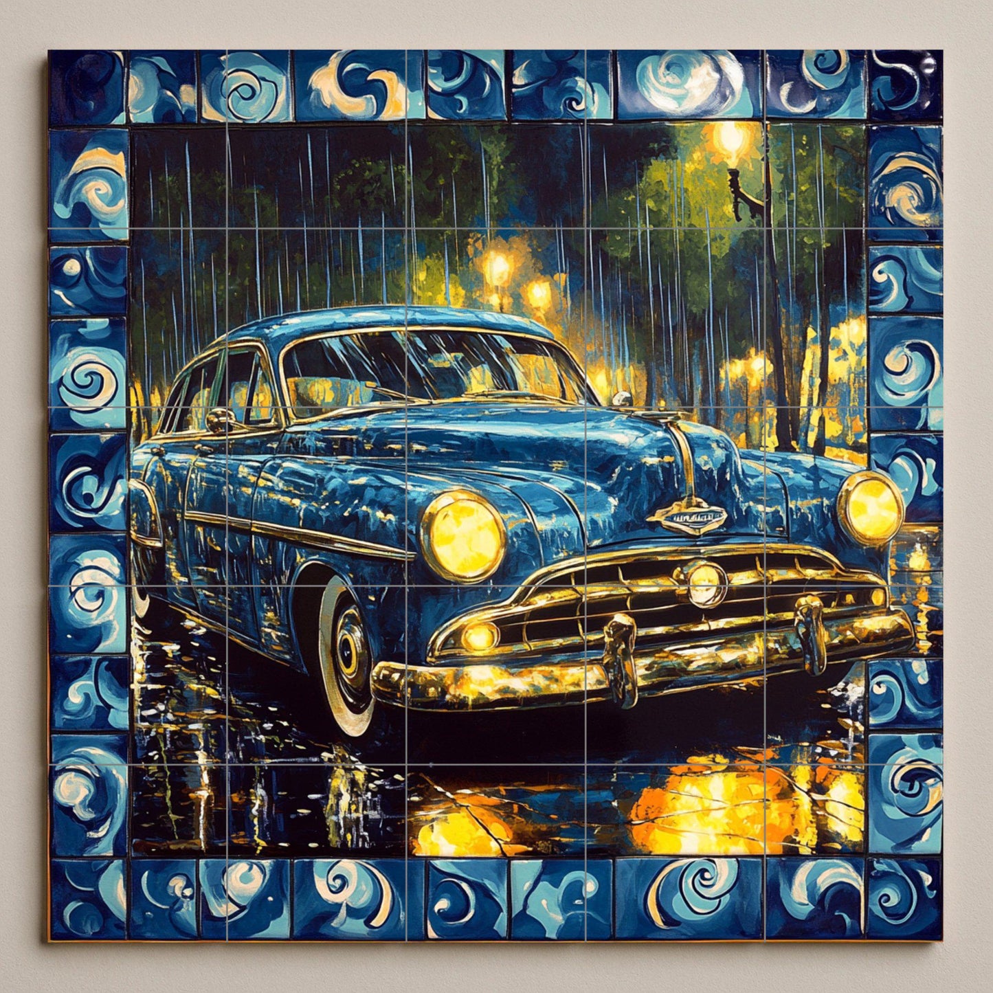Classic car ceramic mural: vintage blue car on a rainy night with decorative border, retro artwork.