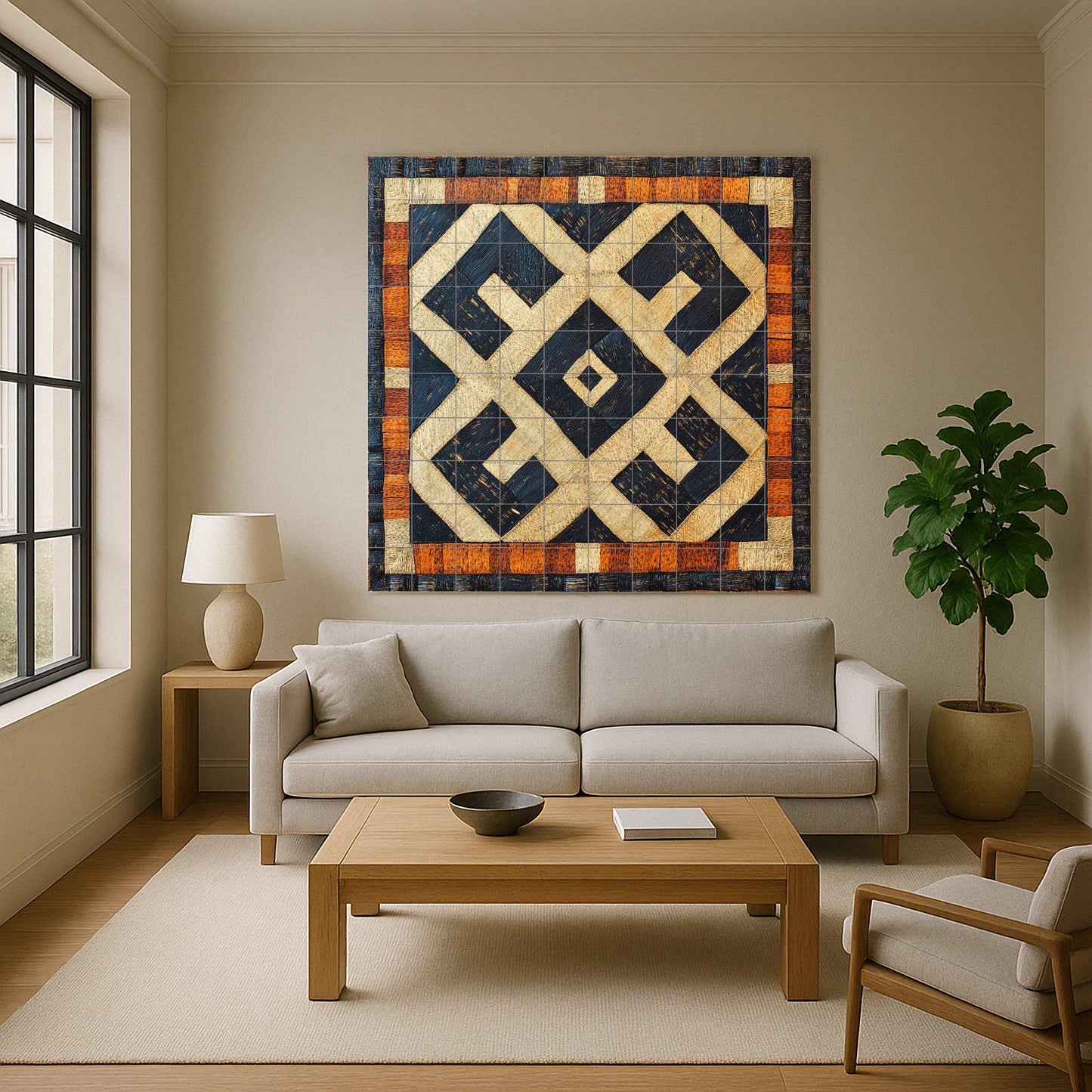 Congolese Kuba ceramic mural: Tribal-inspired tile artwork in raffia with striking geometric patterns and African heritage mural art.