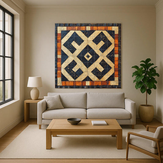 Congolese Kuba ceramic mural: Tribal-inspired tile artwork in raffia with striking geometric patterns and African heritage mural art.