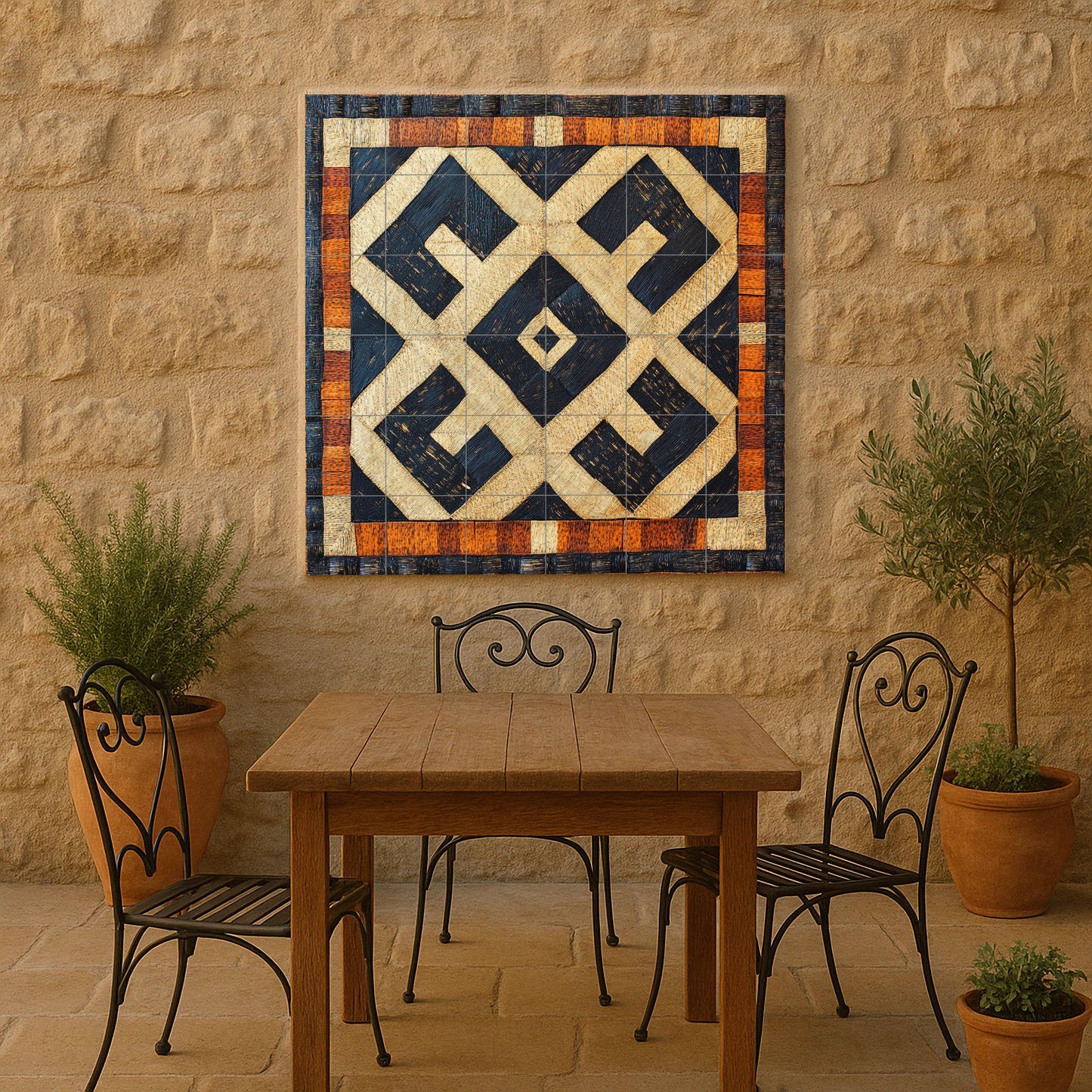 Congolese Kuba ceramic mural: Tribal-inspired tile artwork in raffia with striking geometric patterns and African heritage mural art.
