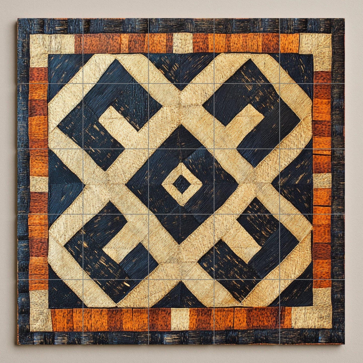 Congolese Kuba ceramic mural: Tribal-inspired tile artwork in raffia with striking geometric patterns and African heritage mural art.